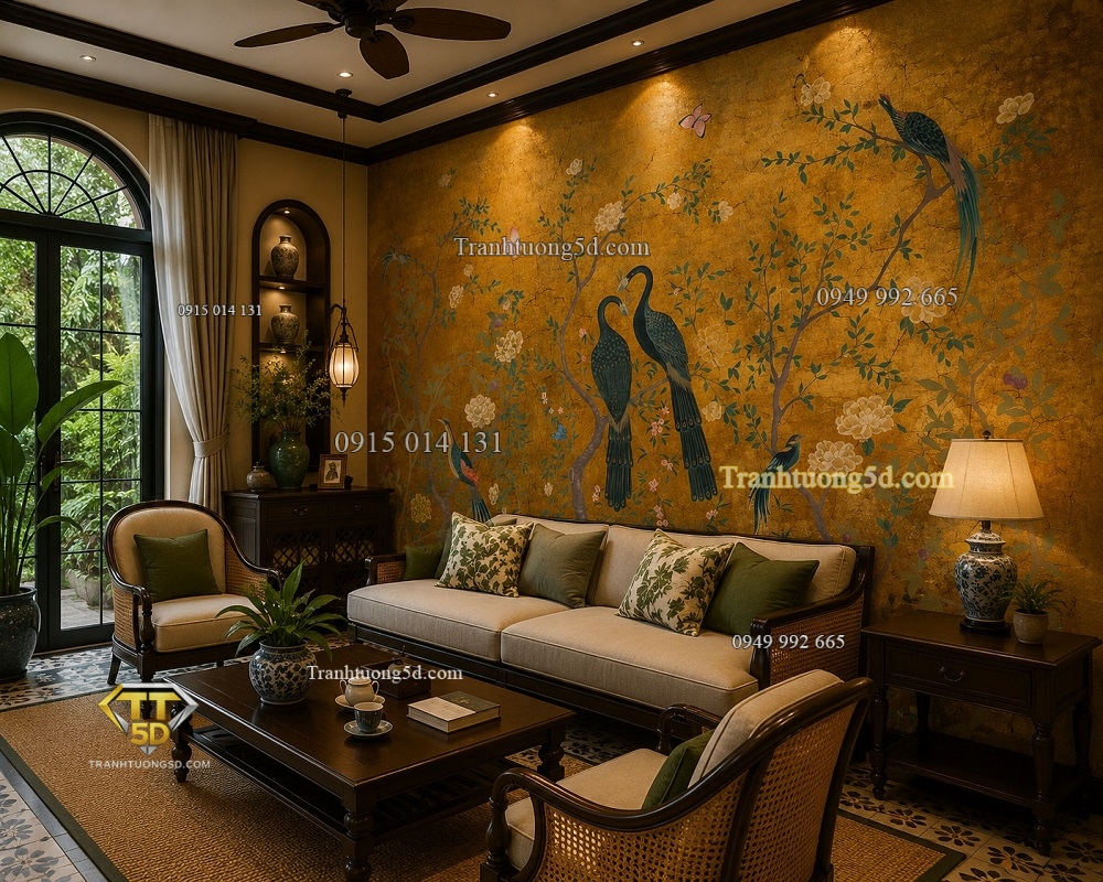 Phòng khách trang trí tranh dán tường hạc indochine 41323 Phòng khách trang trí tranh dán tường hạc indochine 41323
