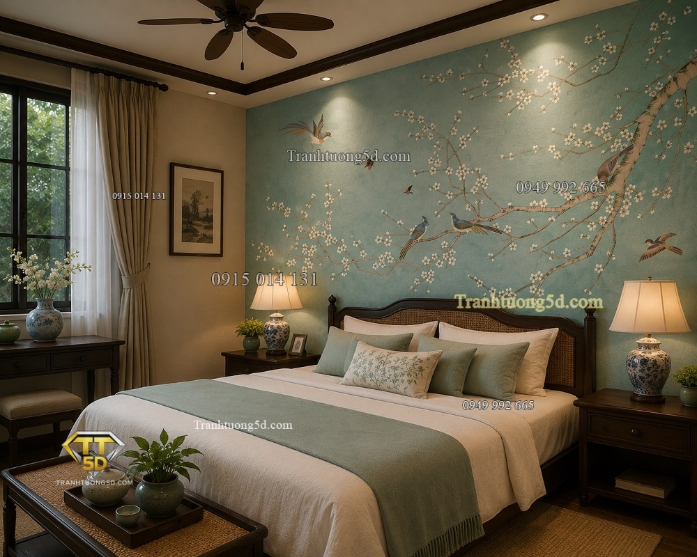TRang trí phòng ngủ với tranh dán tường chim và hoa 42146 TRang trí phòng ngủ với tranh dán tường chim và hoa 42146