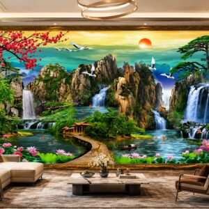 Tranh 5D in lụa dán tường sơn thủy hữu tình phòng khách đẹp 39656