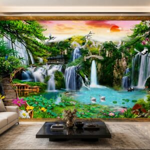 Tranh 5D lụa dán tường sơn thủy hữu tình phòng khách đẹp 0310