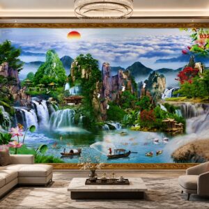 Tranh 5D lụa dán tường sơn thủy hữu tình phòng khách đẹp 0326