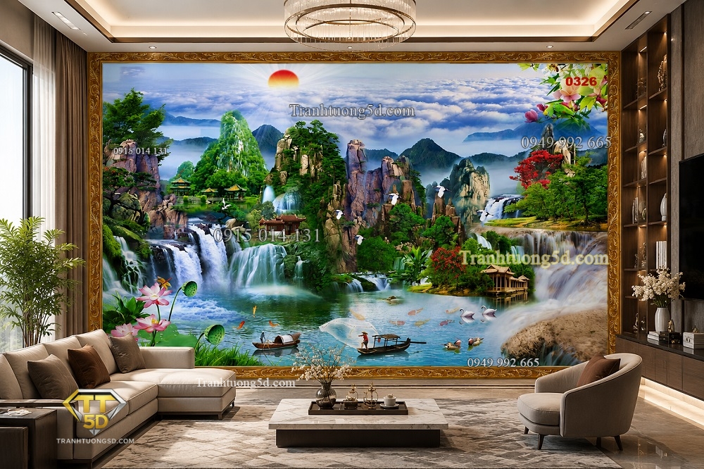 Tranh 5D lụa dán tường sơn thủy hữu tình phòng khách đẹp 0326