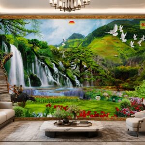 Tranh 5D lụa dán tường sơn thủy hữu tình phòng khách đẹp 0338
