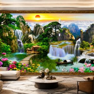 Tranh 5D lụa dán tường sơn thủy hữu tình phòng khách đẹp 39538