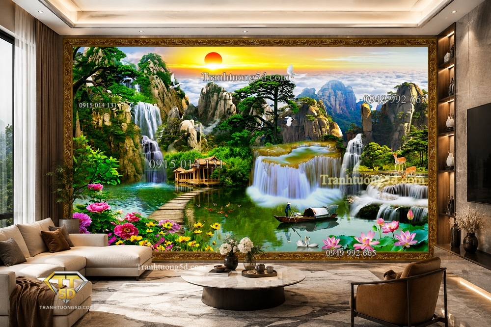 Tranh 5D lụa dán tường sơn thủy hữu tình phòng khách đẹp 39538