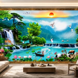 Tranh 5D lụa dán tường sơn thủy hữu tình phòng khách đẹp 39541