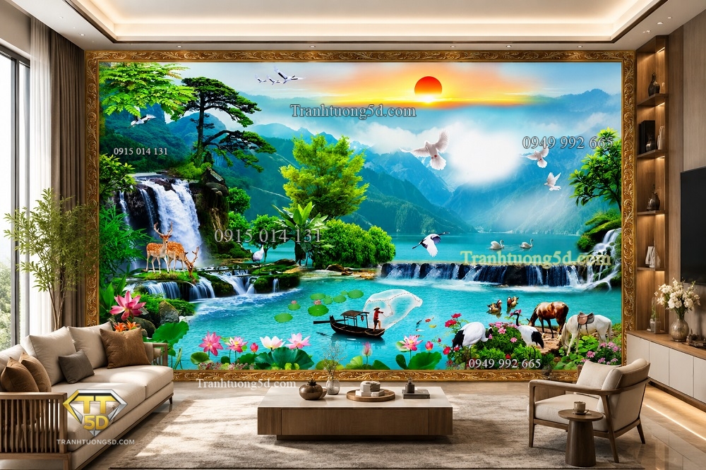 Tranh 5D lụa dán tường sơn thủy hữu tình phòng khách đẹp 39541