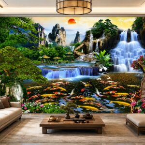 Tranh 5D lụa dán tường sơn thủy hữu tình phòng khách đẹp 39667