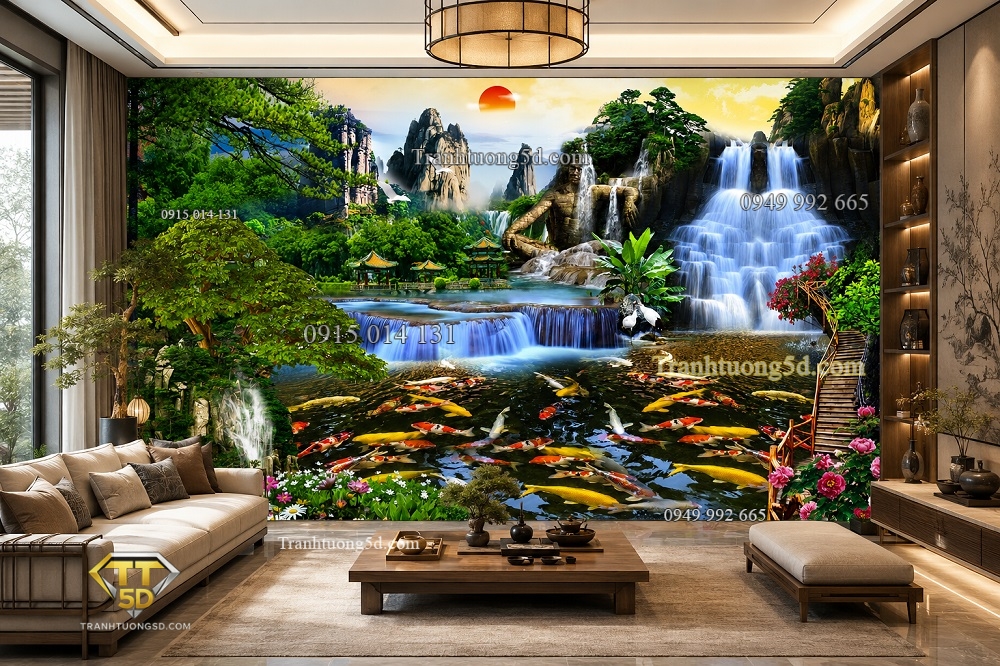 Tranh 5D lụa dán tường sơn thủy hữu tình phòng khách đẹp 39667