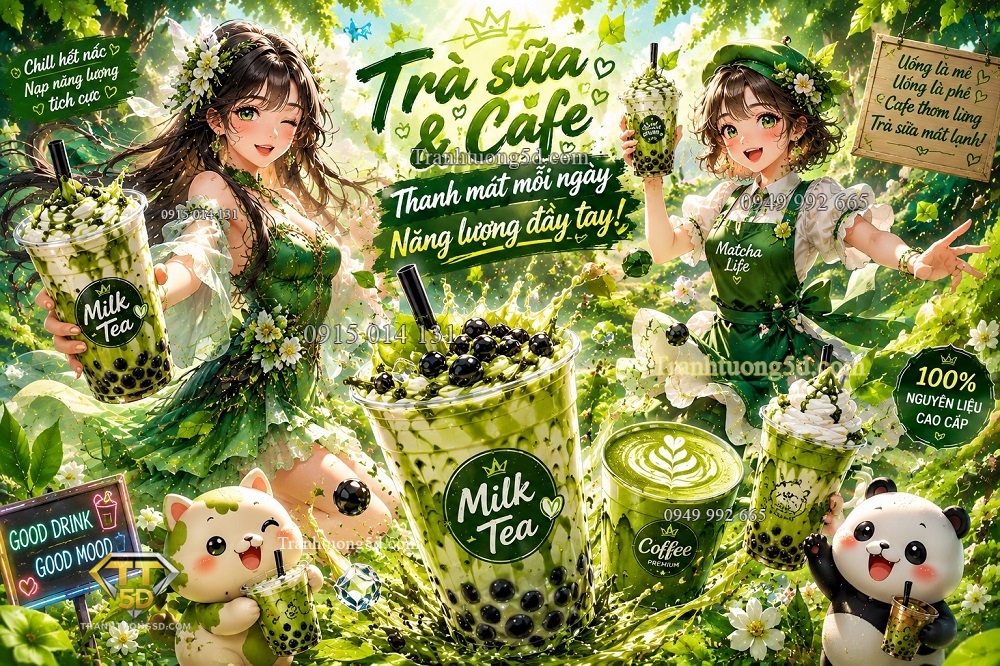 Tranh Dán Tường Trà Sữa Fantasy Cô Gái Trẻ Trung Màu Xanh GPTCF2026665