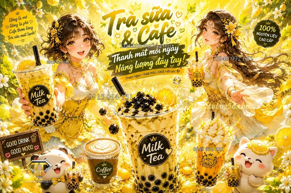 Tranh Dán Tường Trà Sữa Fantasy Cô Gái Trẻ Trung Tông Vàng Chanh GPTCF2026666