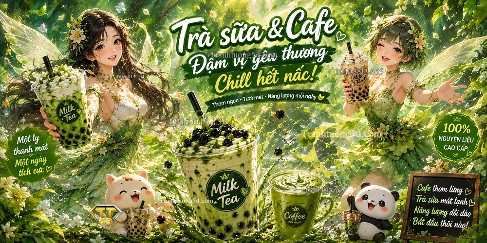 Tranh Dán Tường Trà Sữa Fantasy Cô Gái Trẻ Trung Tông Xanh Lá Cây GPTCF2026664