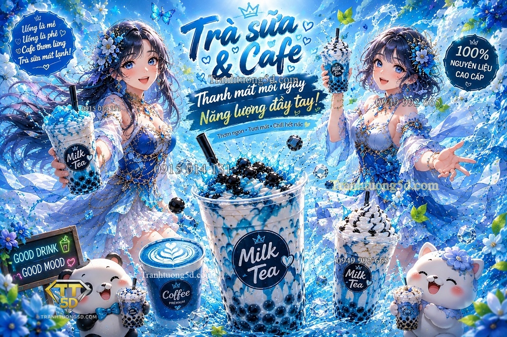 Tranh Dán Tường Trà Sữa Fantasy Cô Gái Trẻ Trung Tông Xanh Nước Biển GPTCF2026667