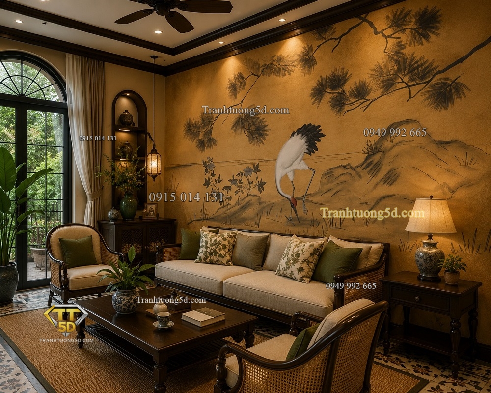 Tranh chim hạc phong cách indochine dán tường phòng khách 35666 Tranh chim hạc phong cách indochine dán tường phòng khách 35666