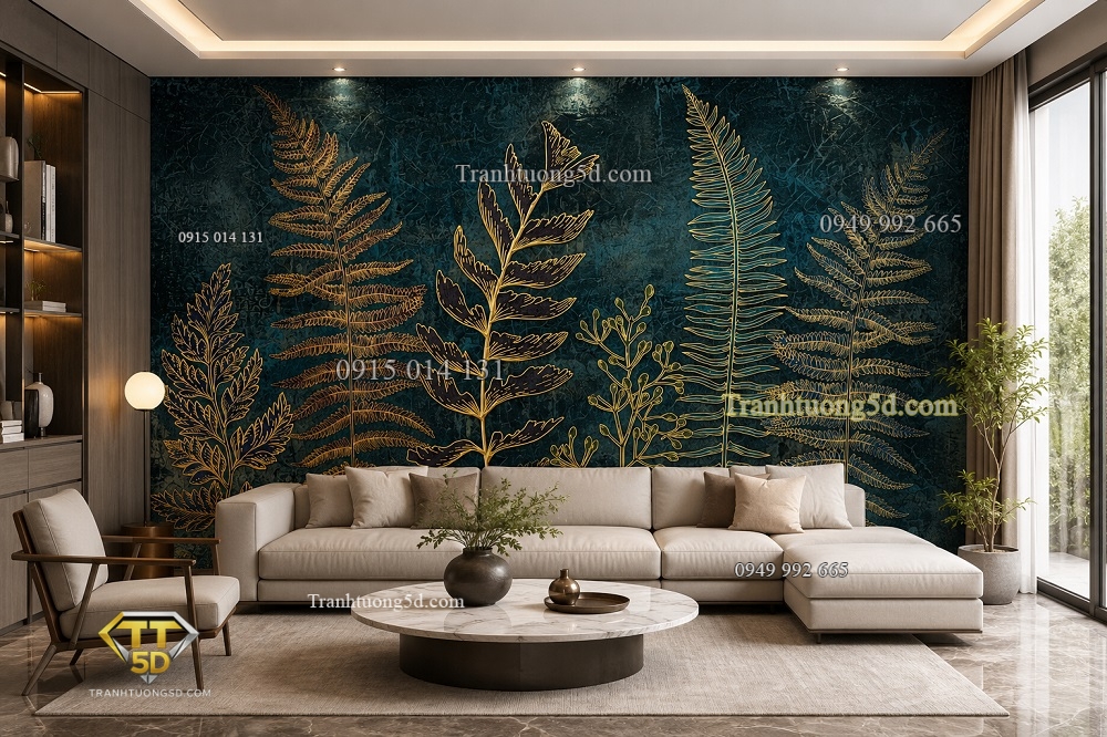 Tranh dán tường 5D hiện đại lá cây tropical phòng khách 2026