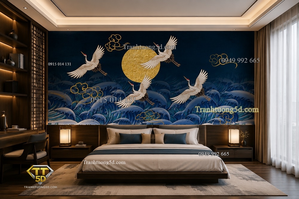 Tranh dán tường 5D indochine chim hạc phòng ngủ đẹp 2026