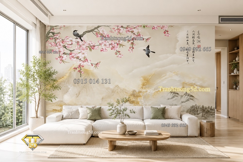 Tranh dán tường 5D indochine chim và hoa đào phòng ngủ đẹp 2026 (1)