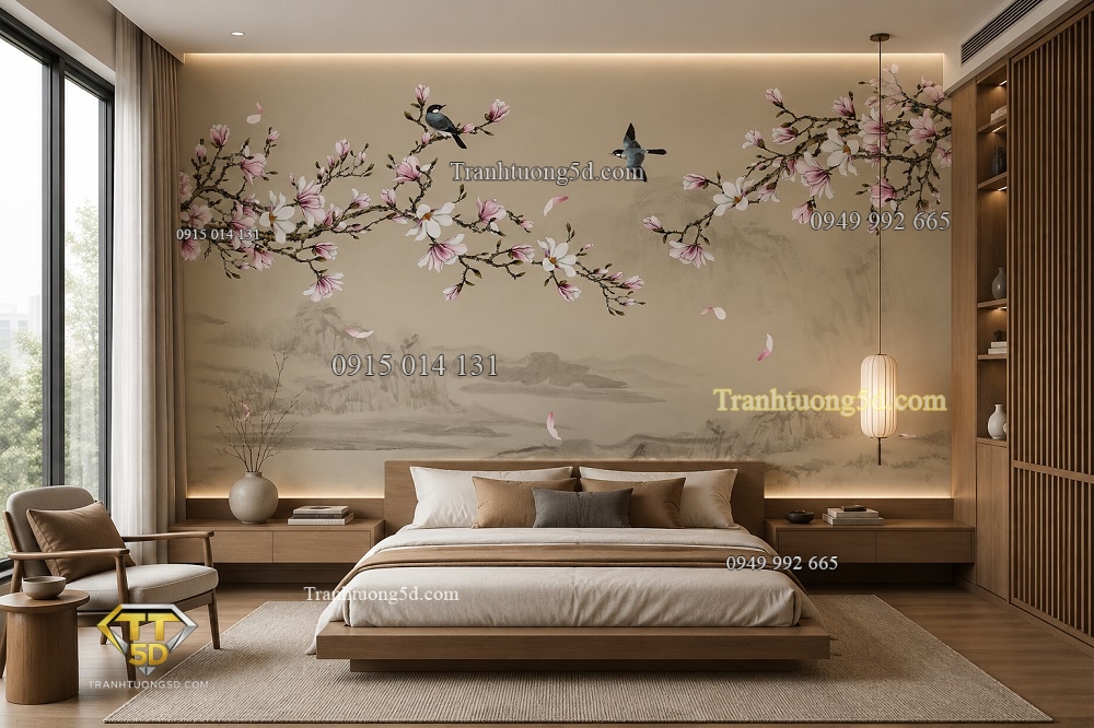 Tranh dán tường 5D indochine chim và hoa đào phòng ngủ đẹp 2026