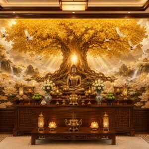 Tranh dán tường cây bồ đề vàng dán tường phòng thờ phật GPTBD2026961