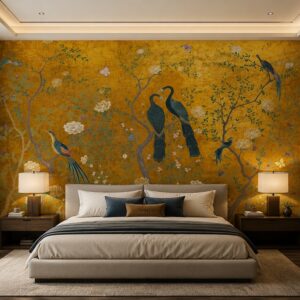 Tranh dan tuong chim cong nen vang indochine dep phong ngu 2026