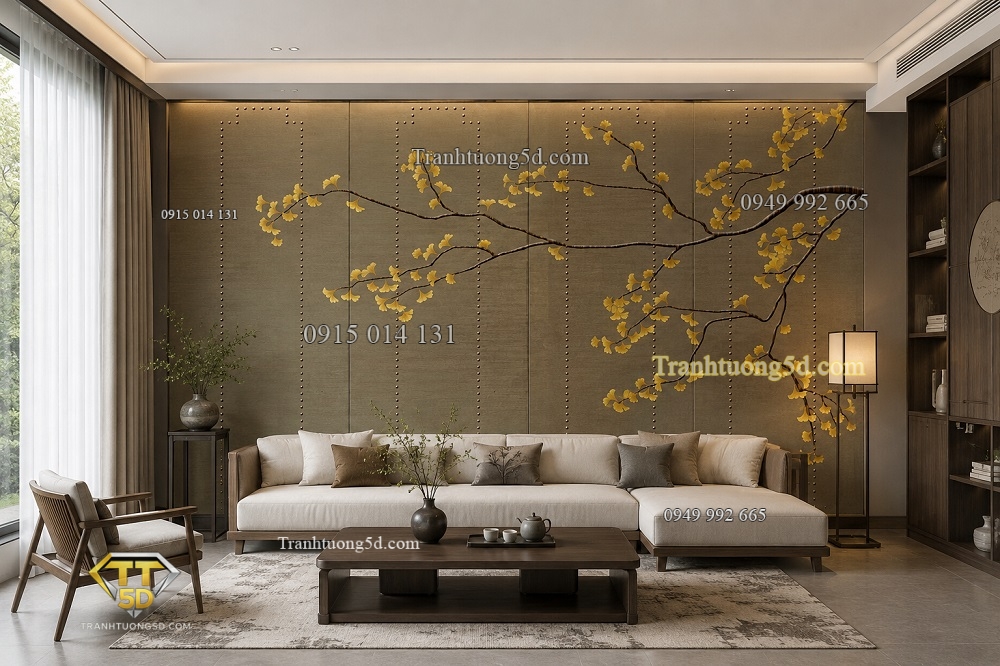 Tranh dán tường indochine hoa vàng kim phòng khách đẹp 2026