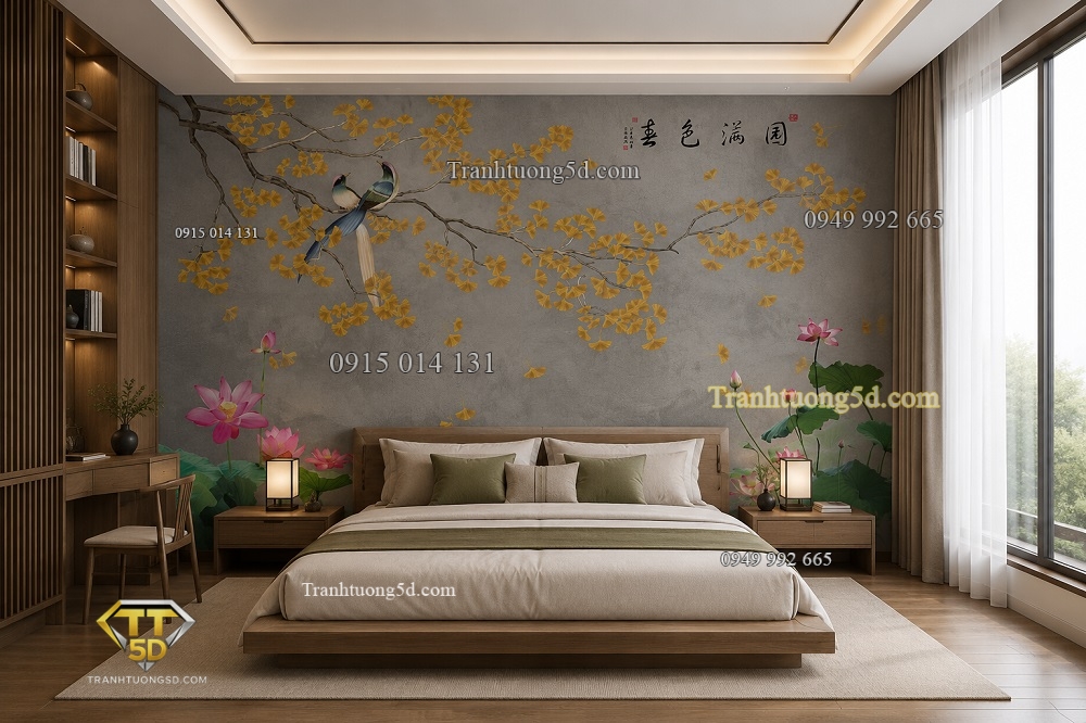 Tranh dán tường indochine hoa vàng và chim phòng khách 2026