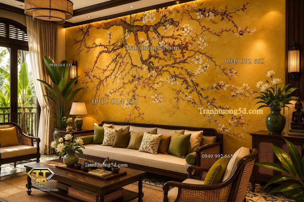 Tranh dán tường indochine nền vàng trang trí sau sofa 34761 Tranh dán tường indochine nền vàng trang trí sau sofa 34761