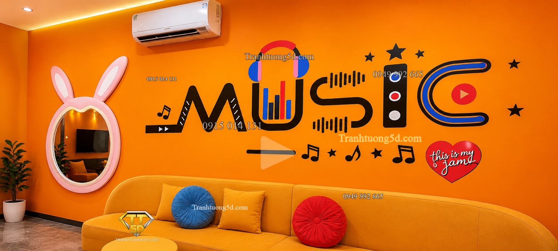 Tranh dán tường music nền cam trang trí cửa hàng music box GPTPT202610611 Tranh dán tường music nền cam trang trí cửa hàng music box GPTPT202610611