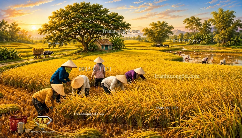 Tranh dán tường ngày mùa gặt lúa vàng GPTDQ24620262