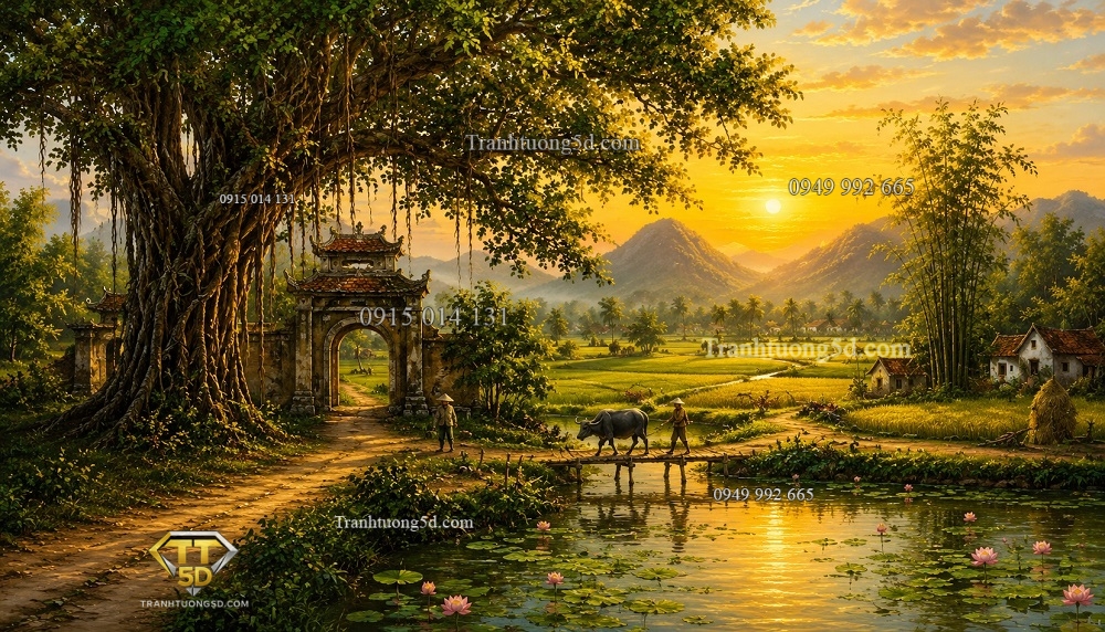 Tranh dán tường quê xưa với cổng làng cạnh hồ sen GPTDQ24620266
