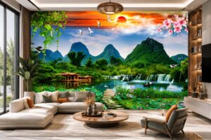 Tranh dán tường sơn thủy giúp phòng khách đẹp hơn