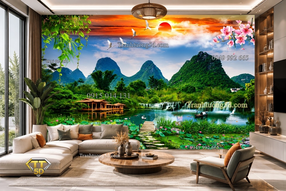 Tranh dán tường sơn thủy giúp phòng khách đẹp hơn Tranh dán tường sơn thủy giúp phòng khách đẹp hơn