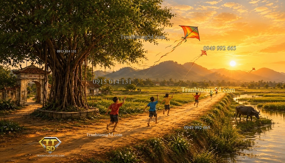 Tranh dán tường trẻ em chạy thả diều đường làng quê GPTDQ24620267