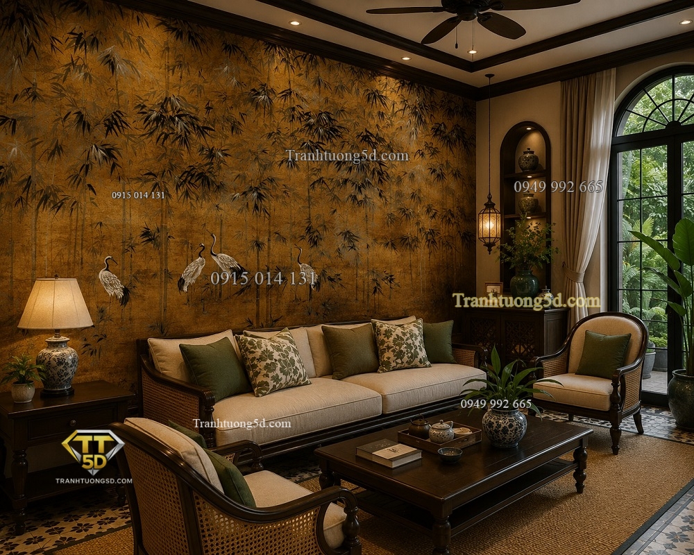 Tranh hạc và tre dán tường phòng khách phong cách indochine DR0603 Tranh hạc và tre dán tường phòng khách phong cách indochine DR0603