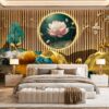 Tranh lụa 3D lam sóng hoa sen dán tường phòng khách