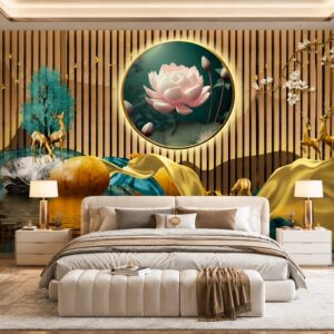 Tranh lụa 3D lam sóng hoa sen dán tường phòng khách
