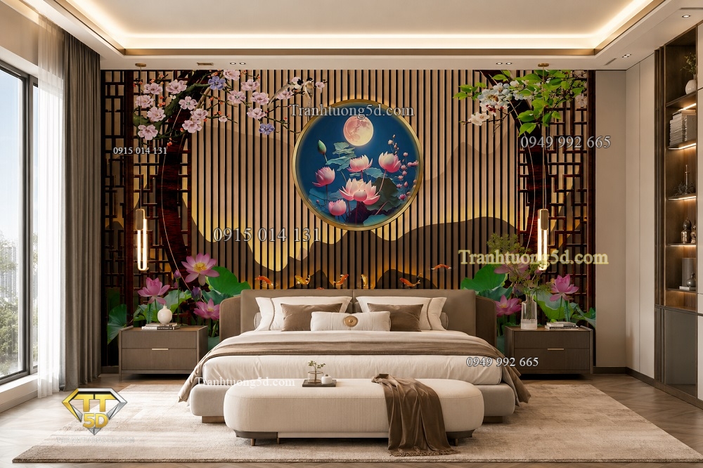 Tranh lụa 5D lam sóng hoa sen dán tường phòng ngủ