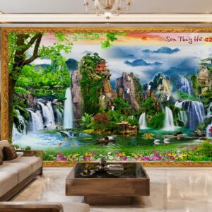 Tranh lụa dán tường 5D sơn thủy hữu tình phòng khách đẹp 0266