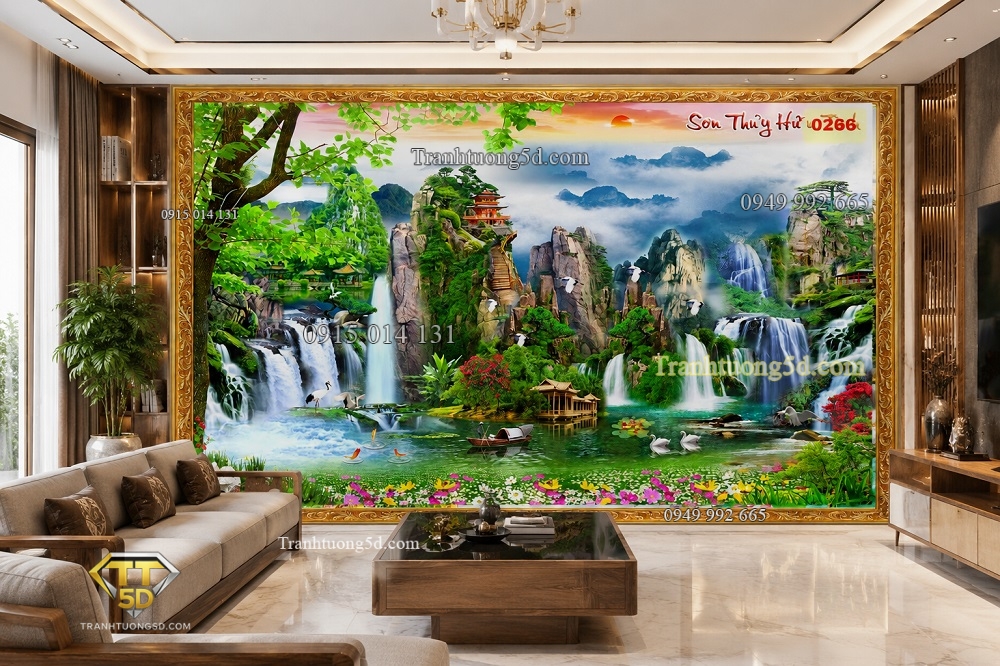 Tranh lụa dán tường 5D sơn thủy hữu tình phòng khách đẹp 0266