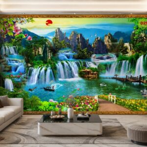 Tranh lụa dán tường 5D sơn thủy hữu tình trang trí phòng khách đẹp 0297