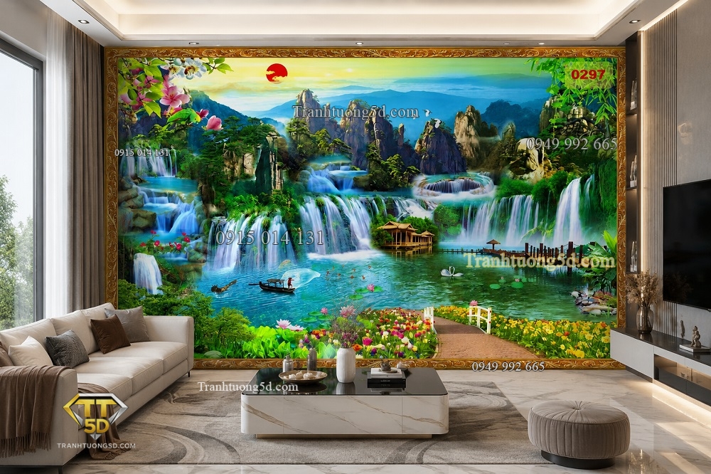 Tranh lụa dán tường 5D sơn thủy hữu tình trang trí phòng khách đẹp 0297