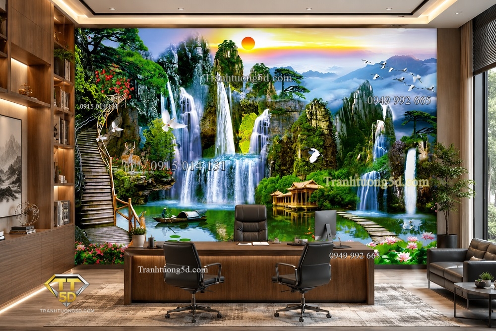 Tranh lụa in 5D sơn thủy dán tường quản tài lộc phòng làm việc Tranh lụa in 5D sơn thủy dán tường quản tài lộc phòng làm việc
