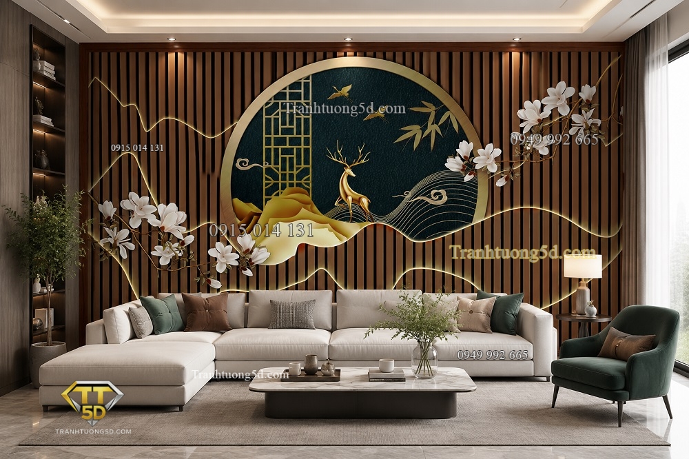 Tranh lụa lam sóng dán tường phòng khách 63842