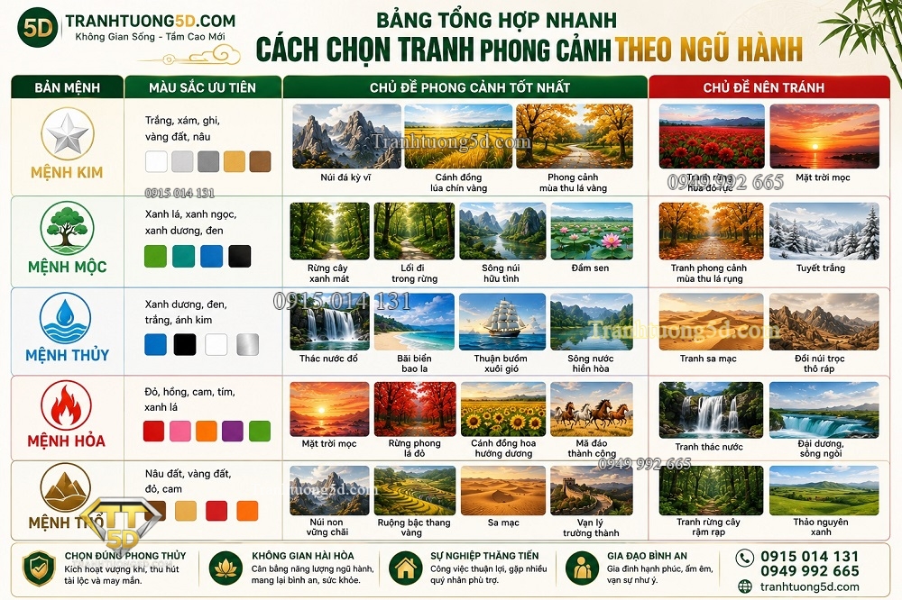 Bảng tổng hợp nhanh cách chọn tranh phong cảnh theo ngũ hành Bảng tổng hợp nhanh cách chọn tranh phong cảnh theo ngũ hành