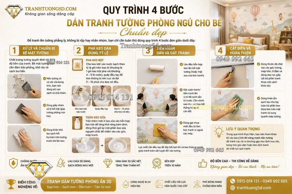 Quy trình 4 bước dán tranh tường phòng ngủ cho bé chuẩn đẹp