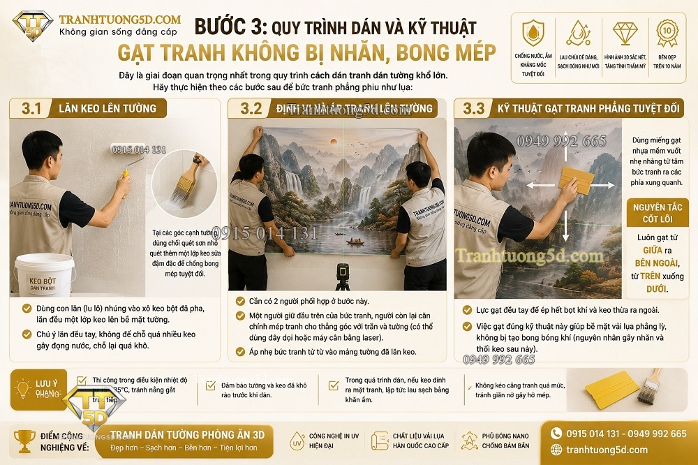 Quy trình dán và kỹ thuật gạt tranh không bị nhăn, bong mép