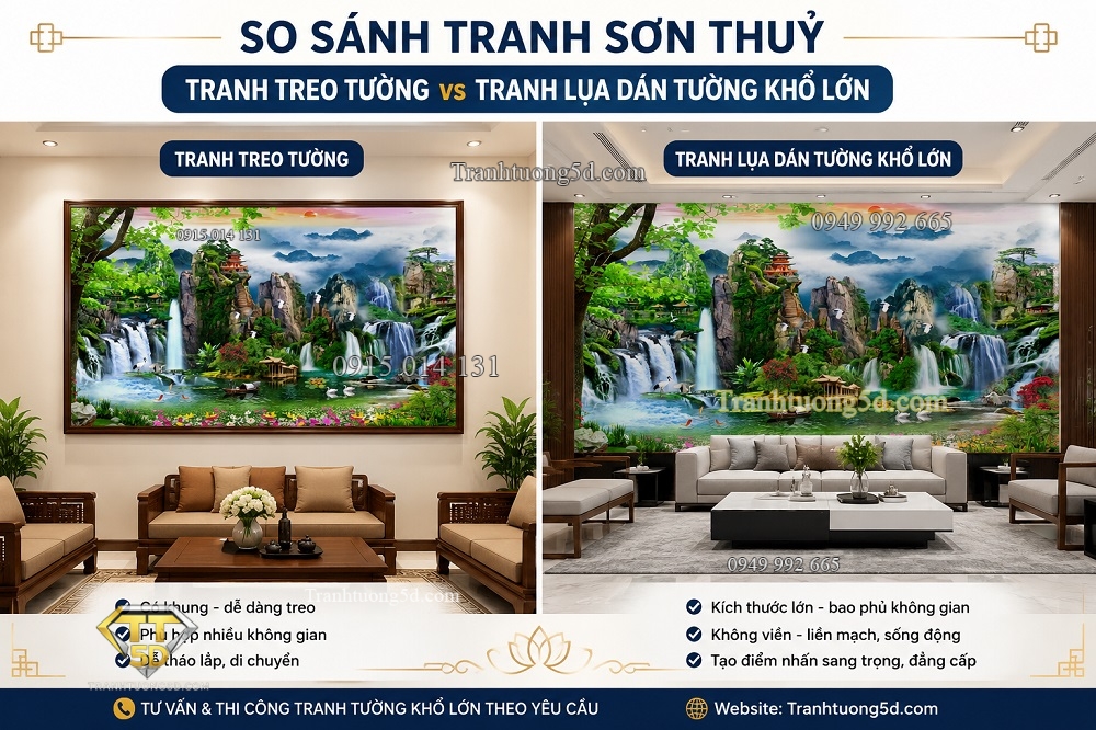 So sánh tranh treo tường và tranh lụa dán tường sơn thủy So sánh tranh treo tường và tranh lụa dán tường sơn thủy