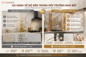 So sánh về độ bền trong môi trường nhà bếp của tranh vải dán tường và sơn