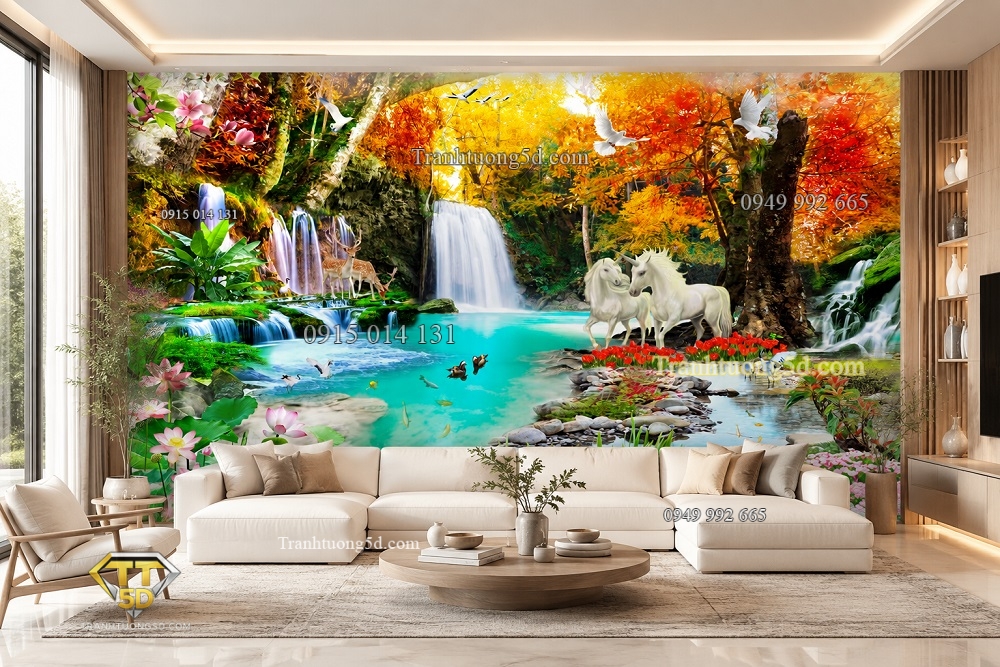 Tranh 3D sơn thủy hữu tình phong thủy thác nước Tranh 3D sơn thủy hữu tình phong thủy thác nước