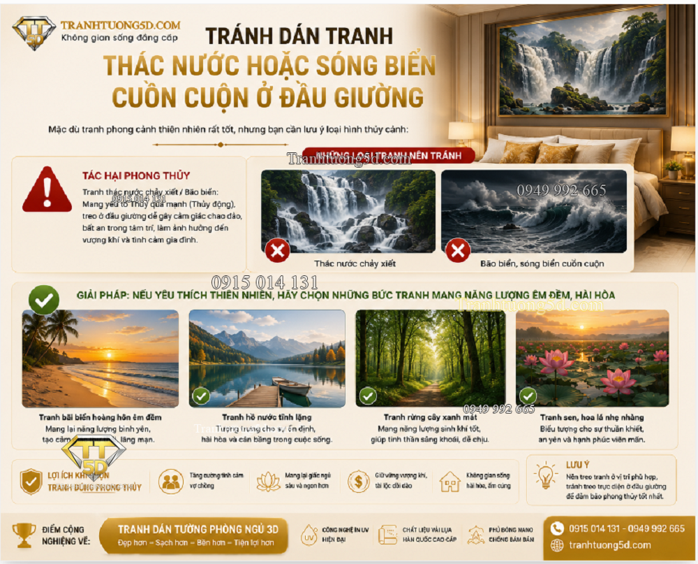 Tránh Dán Tranh Thác Nước Hoặc Sóng Biển Cuồn Cuộn Ở Đầu Giường